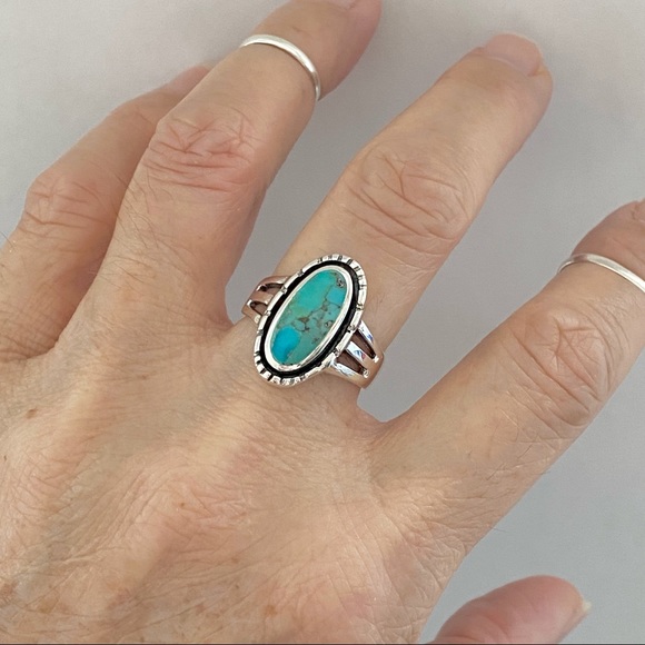 Sterling Silver Oval Genuine Turquoise Ring, Silver Rings, Stone Jewelry - Picture 3 of 12